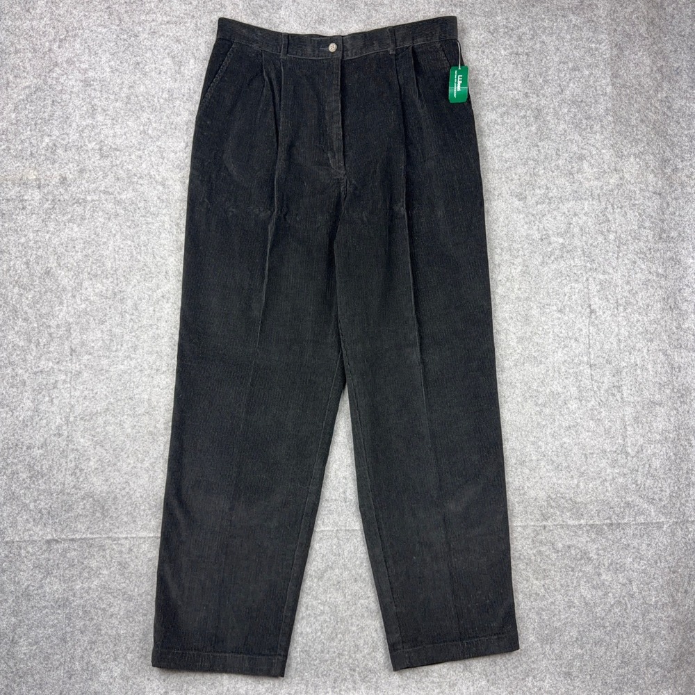 VTG LL Bean Bayside Cord Pant Women 16 Black Corduroy High Waist Pleated 90s NEW